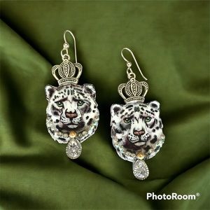 Snow Leopard handpainted/designed earrings sterling silver w rhinestones fancy